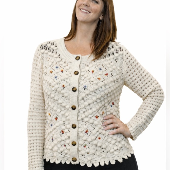 Sweaters - Vintage Inspired Classic Woman's Cream Embroidered Openwork Knit Cardigan